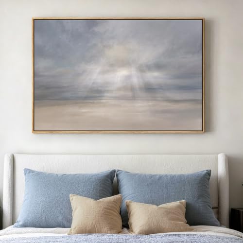 Large Framed Abstract Beach Landscape Wall Art, Horizontal Minimalist Coastal Seascape Canvas Artwork for Walls, Ocean Sunrise Picture Print for Living Room Dining Room Bedroom Wall Decor, 32x48 in - color: Serene Beam