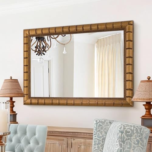 Vintage Warm Gold Mirror, 39'' x 27'' Solid Wood Mirror Frame with Vintage Bamboo Design, Decorative Mirrors for Living Room, Bathroom, Bedroom, Entryway, Fireplace, Horizontal/Vertical - color: Gold, size: 39"L x 27"W
