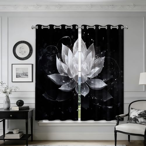 Black and Grey Blackout Curtains, Lotus Drapes 63 inches length, 2 Panels - color: Black and White, size: 52"W x 63"L (Pack of 2)