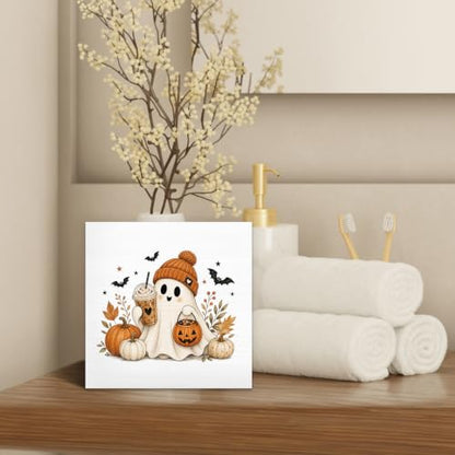 Halloween Fall Ghost Coffee Pumpkin Wood Box Sign Desk Decor 5X5 - color: Cozy Ghost
