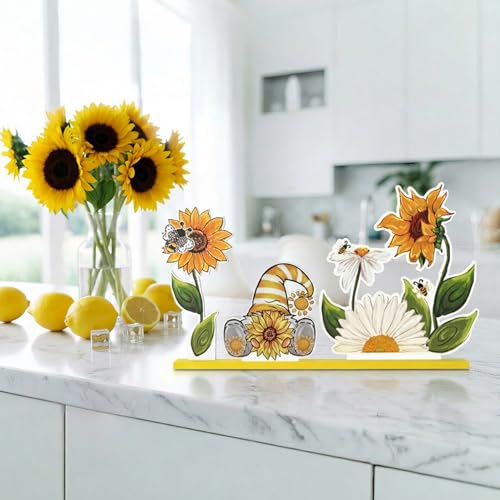 Smile Summer Indoor Decorations Wooden Decor, Sunflower Gnome, Sign for Home Tabletop Centerpiece Mantel Shelf Fireplace - style: Summer Sunflower