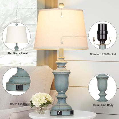 Cinkeda 25.6" Blue Table Lamps Set of 2 with USB C+A Ports & AC Outlet for Coastal Living Room Bedroom,3-Way Dimmable Farmhouse Touch Lamp Bedside Lamps for Nightstand,Retro Blue - color: Coastal