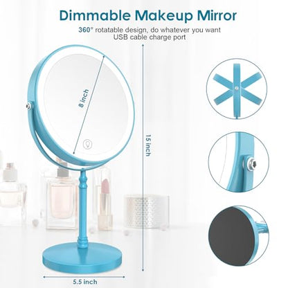 DEIOVWXS Makeup Mirror, Rechargeable Vanity Mirror with 3 Lights, 1X/10X - color: Sky Blue