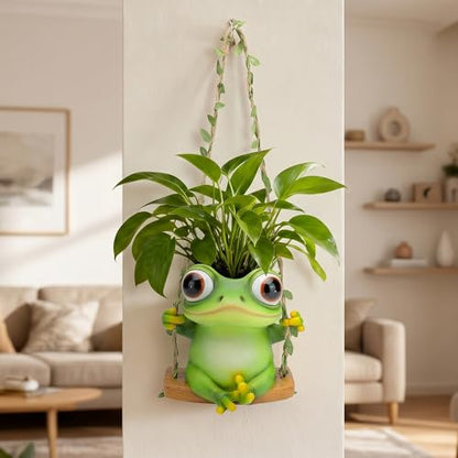 Hanging Swing Frog Planter, Cute Resin Succulent Flower Pot with Drainage Hole, Indoor Outdoor Garden Decor