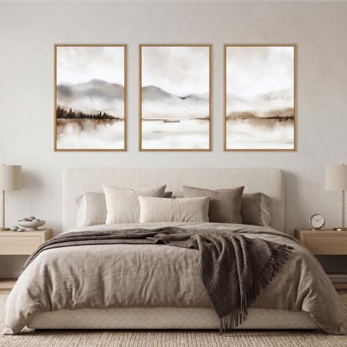 DRACIT Neutral Abstract Mountain Framed Canvas Print Wall Art Set-24"x36"x3 - color: Natural Landscape Wall Art, size: 24"L x 36"W