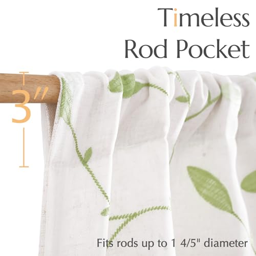 jinchan Sheer Valance Curtain Sage Green Leaf Embroidered 18 Inch 1 Panel - color: Leaves | Green on White