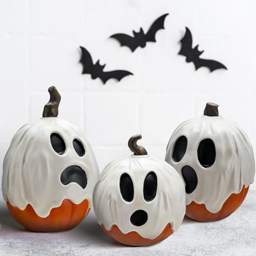 Halloscume 3 Pcs Halloween Ghost Pumpkins Figurines Resin Pumpkins Decor