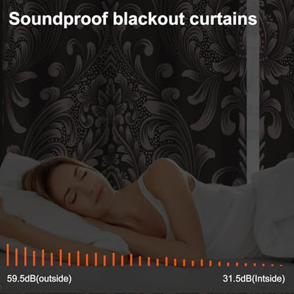 Blackout Curtains 84 Inch Length 2 Panels Set with Tiebacks, Brown Floral Grommet Black Out Curtain for Living Room, Summer Thermal Insulated Soundproof Pattern Darkening Curtains for Girls Bedroom - color: Regal Damask