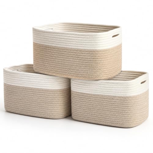 OrganiHaus Cotton Rope Baskets for Shelves, Set of 3, 15x9x10 - color: Mixed Honey