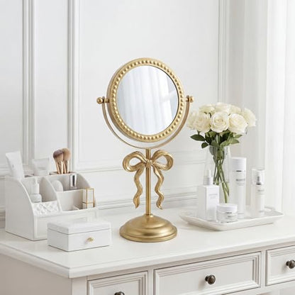 Novabright 7" Golden Bow Vanity Mirror, Swivel Makeup Mirror Stable Base