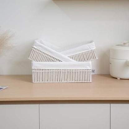 White Cotton Rope Woven Basket Storage Set of 3 for Organizing - color: Off-white