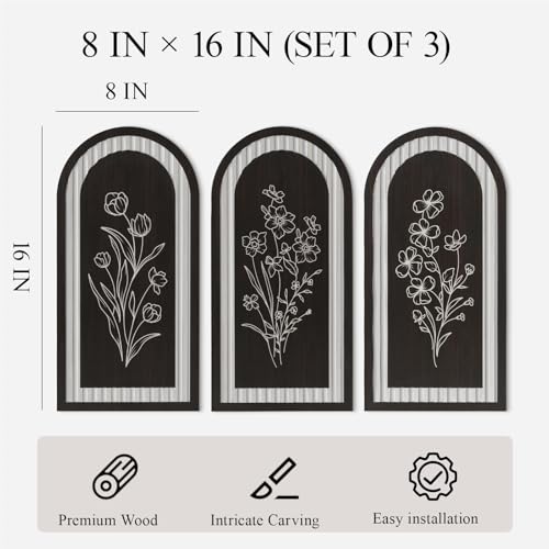HUARCEY 3 Pcs Wooden Wall Art, 8"x16"x3, Floral Carved Art, Elegant Flower Design, Vintage Style Wooden Decor for Living Room, Bedroom, Hallway, Office, Modern Home Decor - color: Floral Triplets