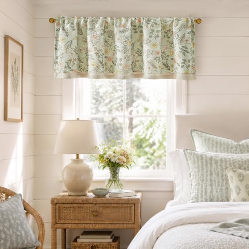 jinchan Maia Floral Linen Double Layer Valance 16 Inch 1 Panel Green - color: Maia Green on Linen, size: 50"W x 16"L (Pack of 1)