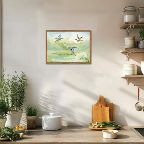 Vintage Mallard Duck Wall Art Cottagecore Flying Ducks Wall Decor Painting Rustic Bird Animal Landscape 3D Textured Hand Drawn Sandstone Artwork for Living Room Bedroom 12x16 inch Framed - color: vintage B, size: 16"L x 12"W