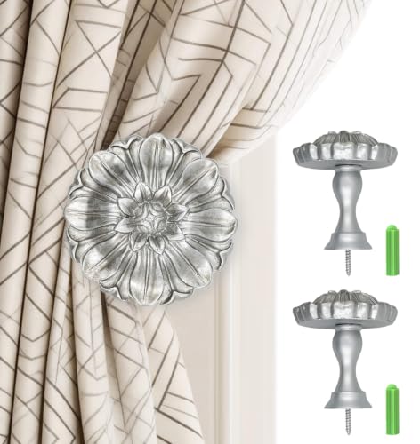 Remunkia Curtain Holdbacks, Gold Curtain Holdbacks Vintage, Curtain Tiebacks Wall Mounted, Classic and Useful Curtain Hooks for Wall, Window Treatment Holdbacks (2, Daisy, Silver) - color: Daisy, Silver