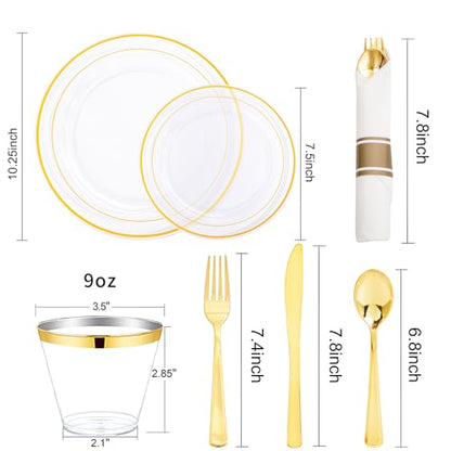 WELLIFE 350PCS Clear-Gold Plastic Plates - 100 Disposable Plates, 150Plastic Silverware, 50 Cups, 50 Napkins for Wedding & Party - color: Clear and Gold, style: 350PCS（50 Guests）