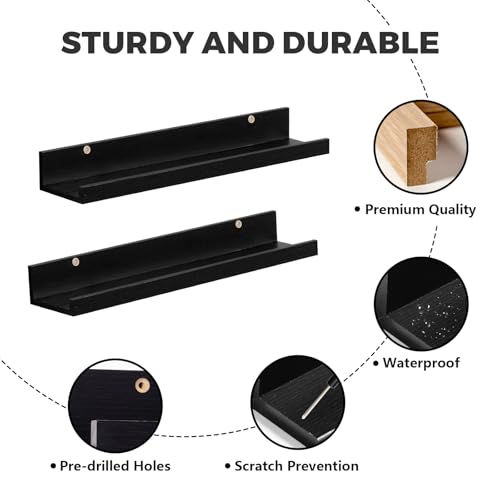Muzilife 24" Wood Floating Shelves Wall Shelf with Lip, 2Pcs, Black - color: Black, size: 24"
