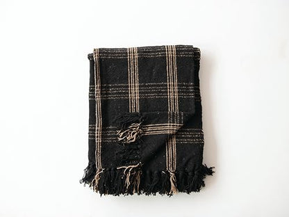 Plaid Black & Tan Fringed Woven Cotton Blend Throw - color: Black, size: One Size