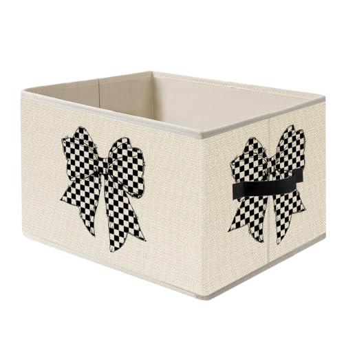 Black and White Checkered Coquette Bow Storage Basket Organizer - color: White Checkered Bow