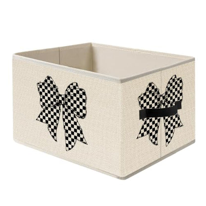 Black and White Checkered Coquette Bow Storage Basket Organizer - color: White Checkered Bow