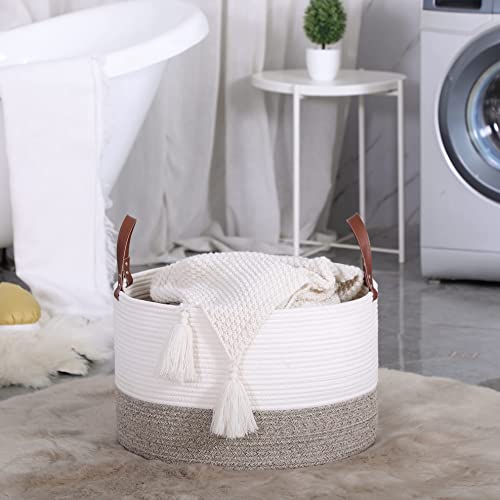 KAKAMAY Large Blanket Basket (20"x13"),Woven Baskets for storage Baby Laundry Hamper,Cotton Rope Blanket Basket for Living Room, Laundry, Nursery, Pillows, Baby Toy chest (White/Beige) - color: Cream and Beige
