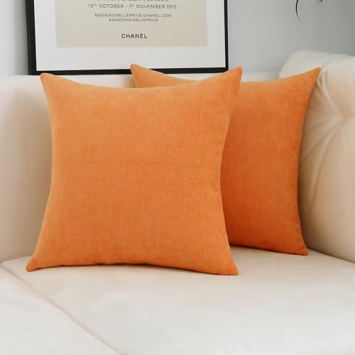Jeneoo Bright Orange Decorative Throw Pillow Covers Soft Chenille Comfy Solid Pumpkin Couch Cushion Case Decor (Set of 2, 18 x 18 Inches) - color: Pumpkin, size: 18" x 18" (Pack of 2)