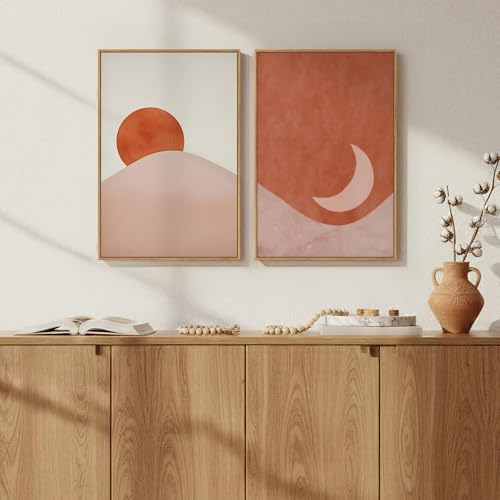 Framed Boho Terracotta Sun and Moon Canvas Wall Art Bedroom, 20x30 Inch - color: Terracotta Blush, size: 16" W x 24" H x 2Pcs