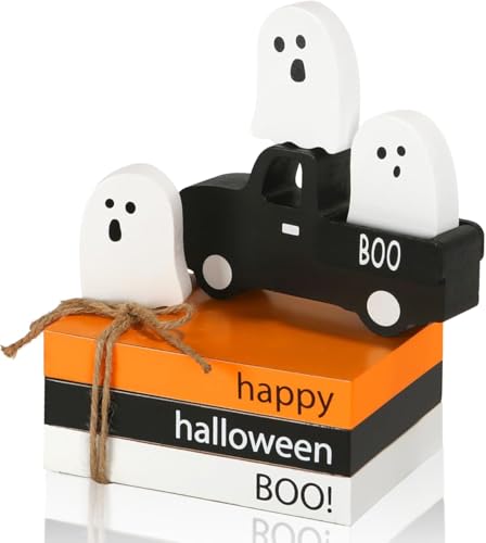 Halloween Decorations 7PCS Table Centerpieces, Cute Spooky Halloween Decor for Tiered Tray Shelf Mantel Fire Place Office Desk, Rustic Farmhouse Wood Faux Book Stack and Ghosts Sign - color: Halloween