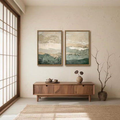 Green Abstract Landscape Wall Art Japanese Textured Mountain Canvas Print - color: Gray Green, size: 16x24 Inches