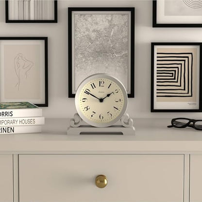 JONES CLOCKS® Saloon Mantel Clock | Small Traditional Double Scroll Design | Gray | Contemporary Classic Style for Desk, Table, Shelf or Bedside - color: Cloud Grey