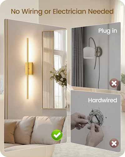 27.6" Wireless Battery Operated Wall Sconces Set of 2, Modern Rechargeable Lamp with Remote, 360° Rotation, 10000mAh, Touch Dimmable Lights for Bedroom, Living Room, Hallway, Gold D06YBP205 - color: Gold, size: 27.6 Inches