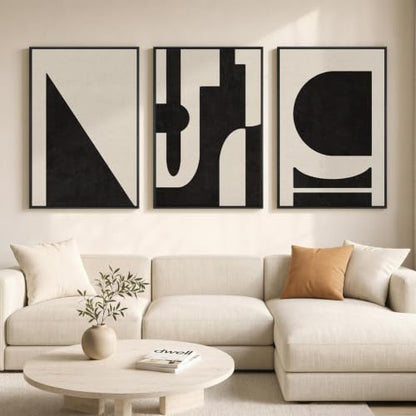 Large Framed Neutral Abstract Geometric Wall Art Set, 3 Piece 24x36 Inch - color: Black and White E, size: 24" W x 36" H x 3Pcs
