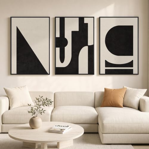Large Framed Neutral Abstract Geometric Wall Art Set, 3 Piece 24x36 Inch - color: Black and White E, size: 24" W x 36" H x 3Pcs