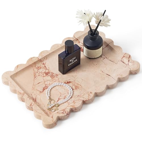 Scalloped Natural Marble Tray - Decorative Stone Tray for Bathroom & Vanity - color: Pink, size: 12" x 8" x 0.7"