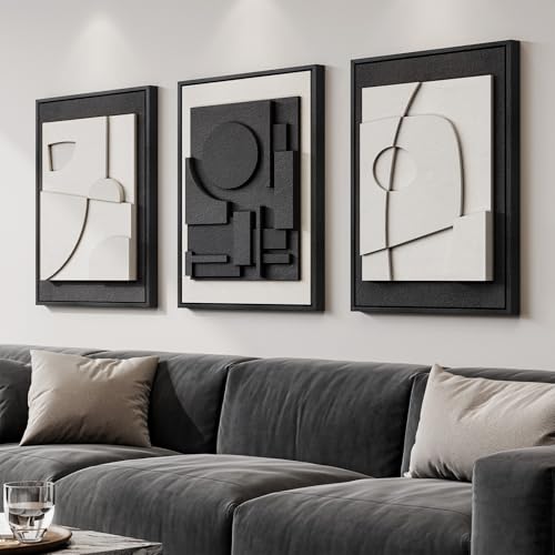 Large Framed Black and White Modern 3D Abstract Wall Art Set - color: Black and White, size: 20"w X 30"h X 3pcs