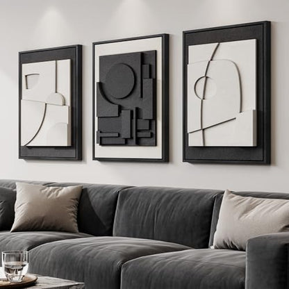 Large Framed Black and White Modern 3D Abstract Wall Art Set - color: Black and White, size: 20"w X 30"h X 3pcs