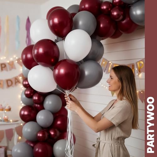PartyWoo Burgundy White and Gray Balloons 66pcs 12 Inch Burgundy Balloons - color: Burgundy, White, Gray
