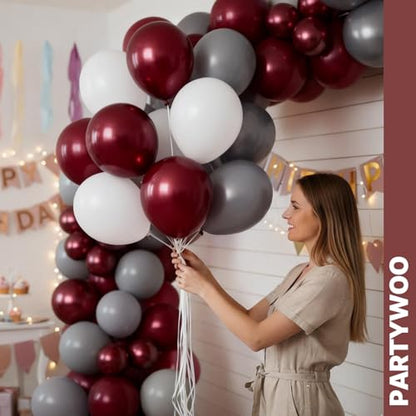 PartyWoo Burgundy White and Gray Balloons 66pcs 12 Inch Burgundy Balloons - color: Burgundy, White, Gray
