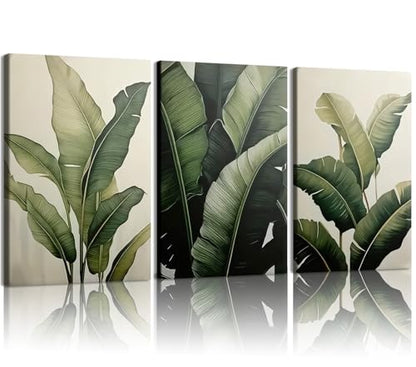 Doqueodas 3Pcs Tropical Leaf Canvas Wall Art12 x16 inch Framed - color: Banana leaf plants Framed, size: 16"Lx 12"W