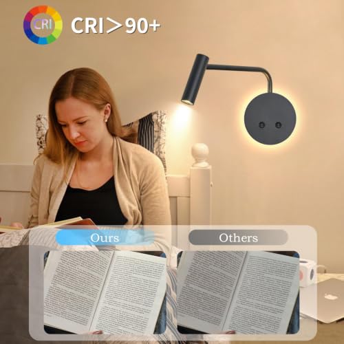 2 Pack Wall Mounted Reading Lights for Bed, Matte Black Headboard Wall Sconces with Night Light, Plug in or Hardwired Bedside Reading Lamps with On/Off Switch, 3000K Warm White Bedroom Wall Lighting - color: Black-2 Pack