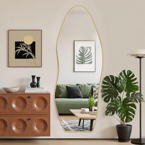 Antok Irregular Full Length Mirror, 68"x26" Asymmetrical Floor Mirror with Stand, Standing Hanging Leaning Irregular Mirrors for Bedroom Living Room Entryway, Wavy Shaped, Golden - color: Gold, size: 68"L x 26"W, style: Wavy Shaped Style