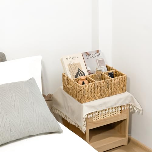 KOKODO Divided Storage Basket Woven Natural Basket Hyacinth for Organizing Bathroom Pantry Shelves Office Supplies Organization Everyday Wicker Storage Baskets 4 Section Rectangular Tray - size: 15.5x10.5x5.5