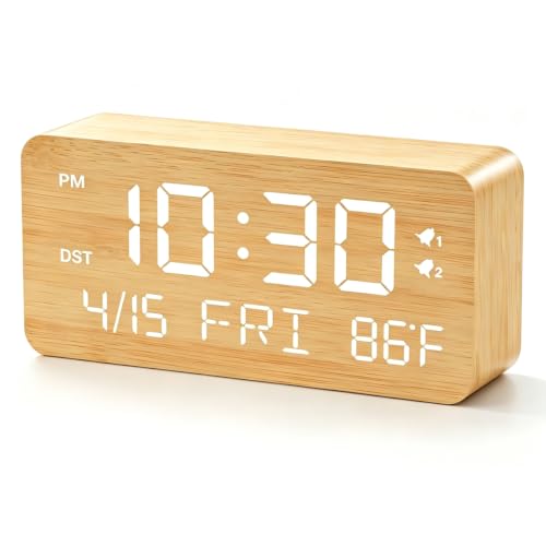 Premium Wooden Digital Alarm Clock with USB Charging Ports, Dimmable LED Display, Date, Day of Week, Temperature, DST, Clocks for Bedrooms, Desk, Nightstand, Bedside, Table, Office, Living Room Decor - color: Rectangle - Bamboo