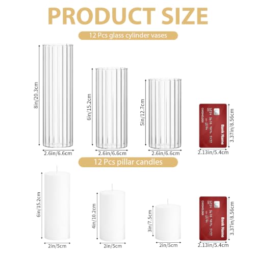 24 PCS White Pillar Candles and Ribbed Glass Cylinder Vases - color: White, size: 12+12