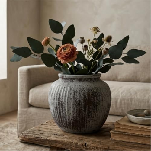 Oakrain Large Rustic Decorative Vase, 11" Distressed Gray Round Floor Vase