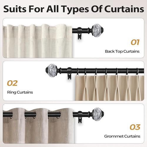 2 Pack Black Curtain Rods, 1 Inch Telescoping Drapery Rod 28 to 48 inch (2.3 to 4 ft), USFOOK Curtain Rods for Windows, Silver Translucent Finials - color: Black, size: 28-48"(2 Pack)
