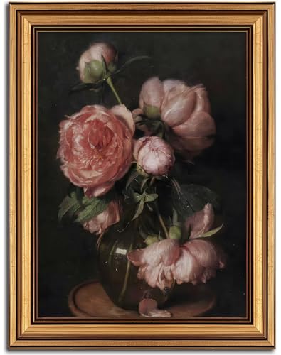 Vintage Gold Framed Wall Art Pink Flower Painting Picture Wall Decor Moody Rose Floral Still Life Rustic Poster Print Artwork for Living Room Bedroom Farmhouse Office Home Decoration 9x11inch - color: Floral, size: 11"L x 9"W
