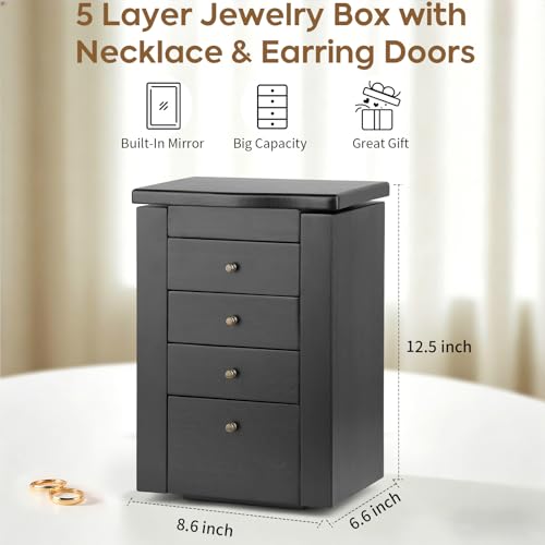 Meangood Jewelry Box Jewelry Organizer, 5-Layer Wooden Jewelry Organizers and Storage Boxes for Women Girls, Ring Earring Bracelet Necklace Holder Organizer with Mirror & Drawers(Black) - color: Black, size: 3-Drawer