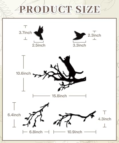 Putuo Decor Metal Wall Decor Set of 5, Black Cat on Tree Branch with Birds Silhouette Metal Wall Art, Rustic Iron Sign Indoor Outdoor Wall Sculptures for Living Room Bedroom Patio Garden - color: Cat Bird