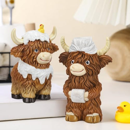 2 Pcs Resin Highland Cow Bathroom Figurines Decor, Bathroom Style - style: Bathroom